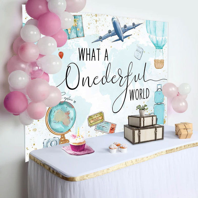 Lofaris Onederful World Map Globe Airplane Birthday Backdrop