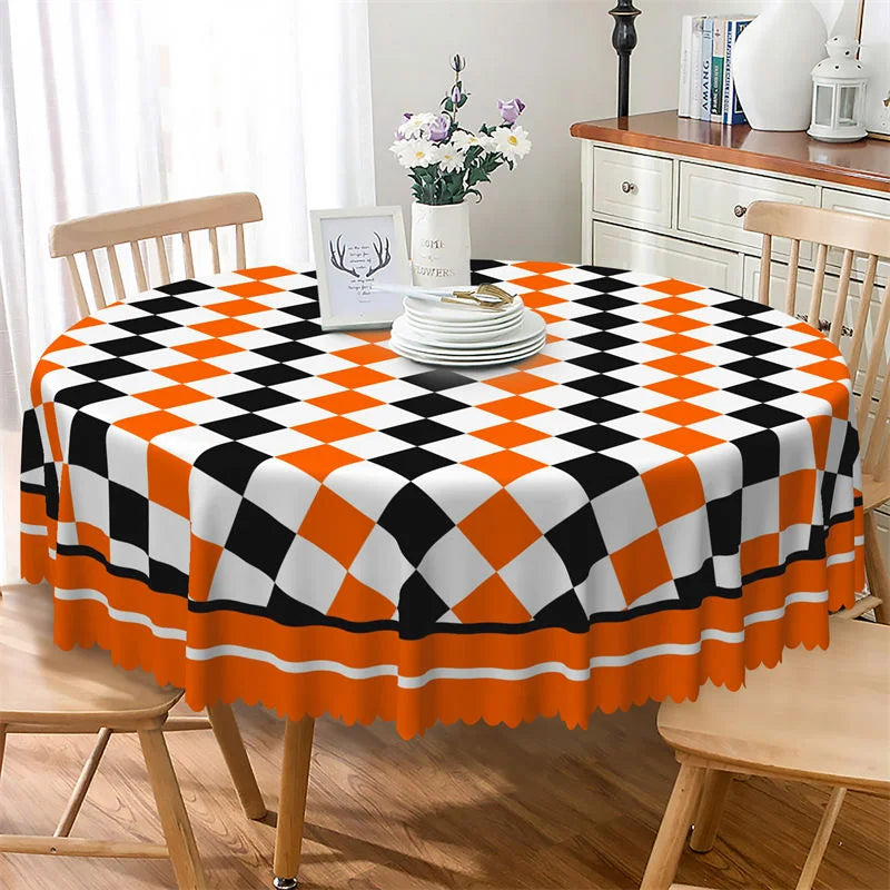 Lofaris Orange Black Checkered Pattern Modern Round Tablecloth