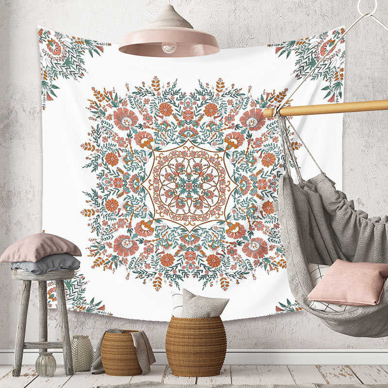 Lofaris Orange Floral Green Leaves Mandala Bohemian Tapestry