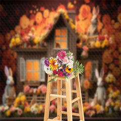 Lofaris Orange Floral Rabbits Wood House Easter Backdrop