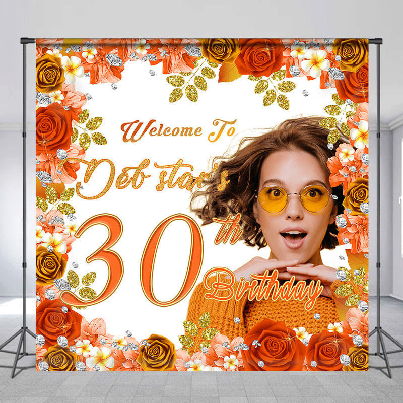 Lofaris Orange Floral Sparkling Custom 30th Birthday Backdrop