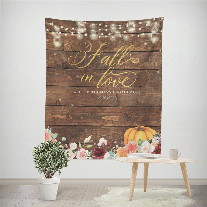 Lofaris Orange Pumpkin And Floral Fall In Love Wooden Backdrop