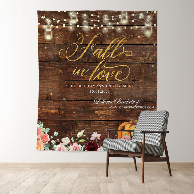 Lofaris Orange Pumpkin And Floral Fall In Love Wooden Backdrop