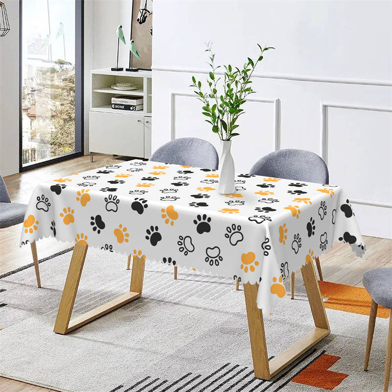 Lofaris Orange White Black Paws Repeat Kitchen Decor Tablecloth