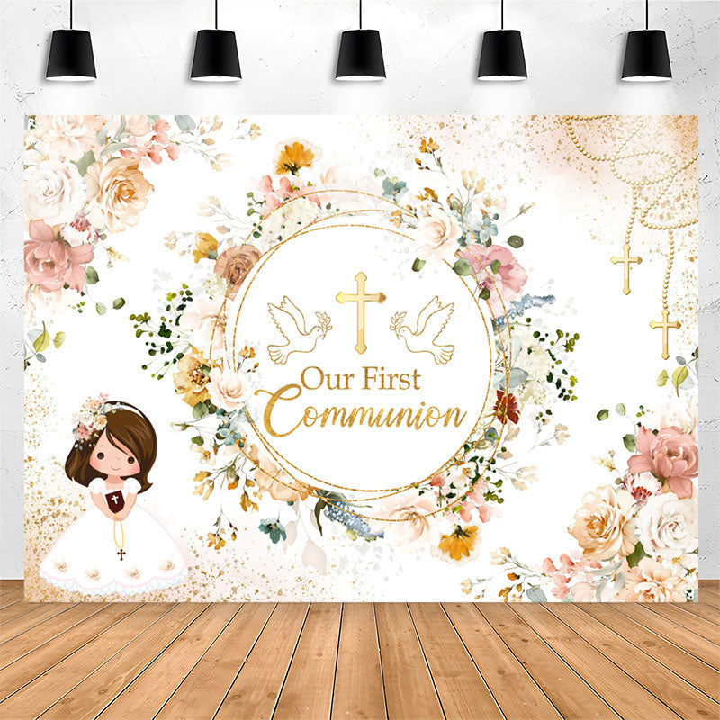 Lofaris Our First Communion Floral Girl Baptism Backdrop