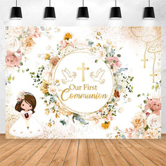 Lofaris Our First Communion Floral Girl Baptism Backdrop