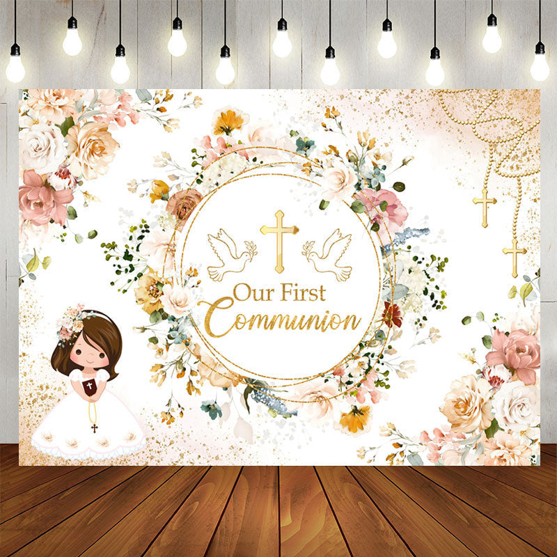 Lofaris Our First Communion Floral Girl Baptism Backdrop