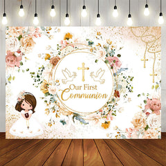 Lofaris Our First Communion Floral Girl Baptism Backdrop