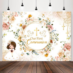 Lofaris Our First Communion Floral Girl Baptism Backdrop