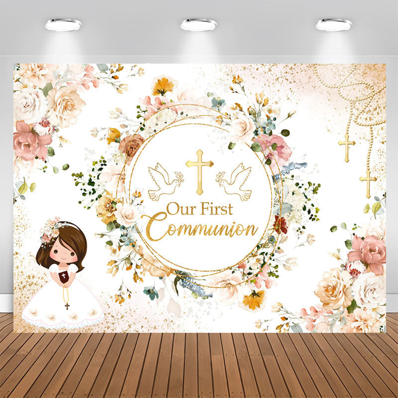 Lofaris Our First Communion Floral Girl Baptism Backdrop