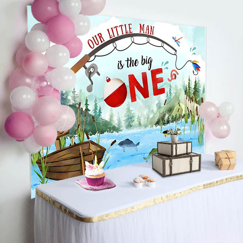 Lofaris Our Little Man Mountain River Fish Birthday Backdrop