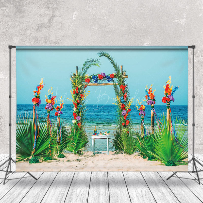 Lofaris Palm Leaves Arch Sandy Beach Summer Photo Backdrop