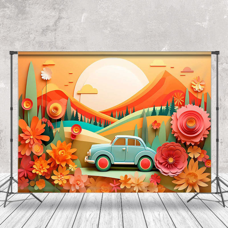 Lofaris Paper Sunset Mountain Flower Car Cake Smash Backdrop