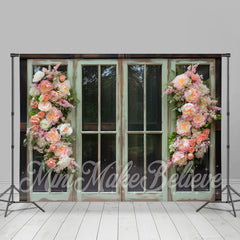 Lofaris Pastoral Green Wooden Window Pink Flowers Backdrop