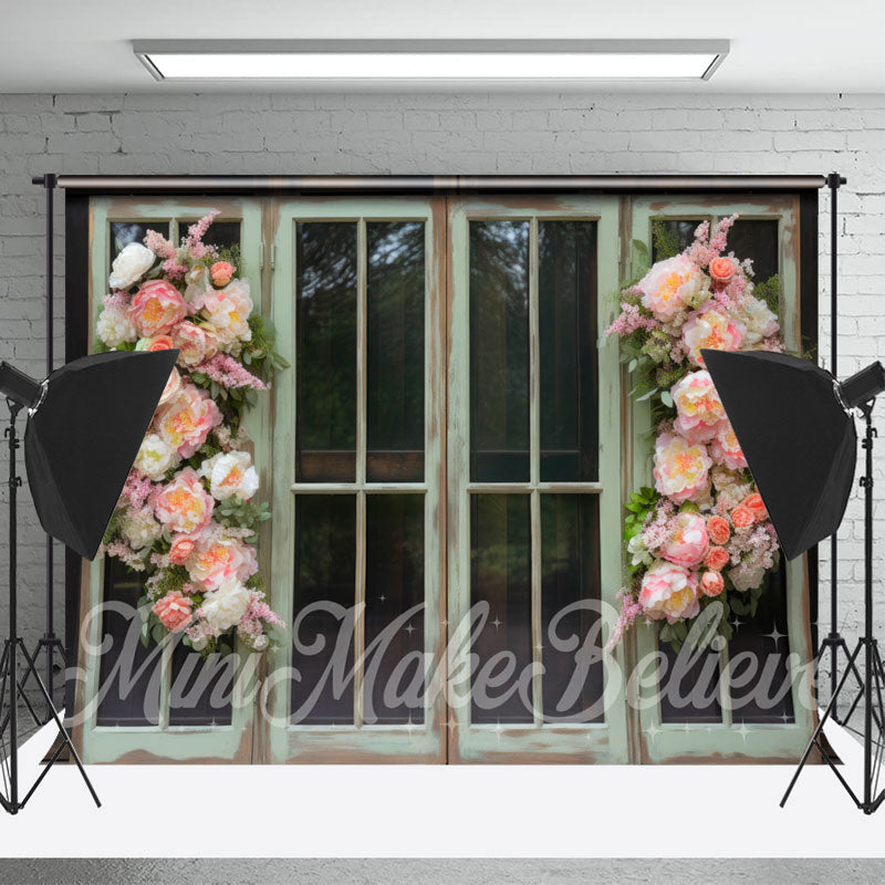 Lofaris Pastoral Green Wooden Window Pink Flowers Backdrop