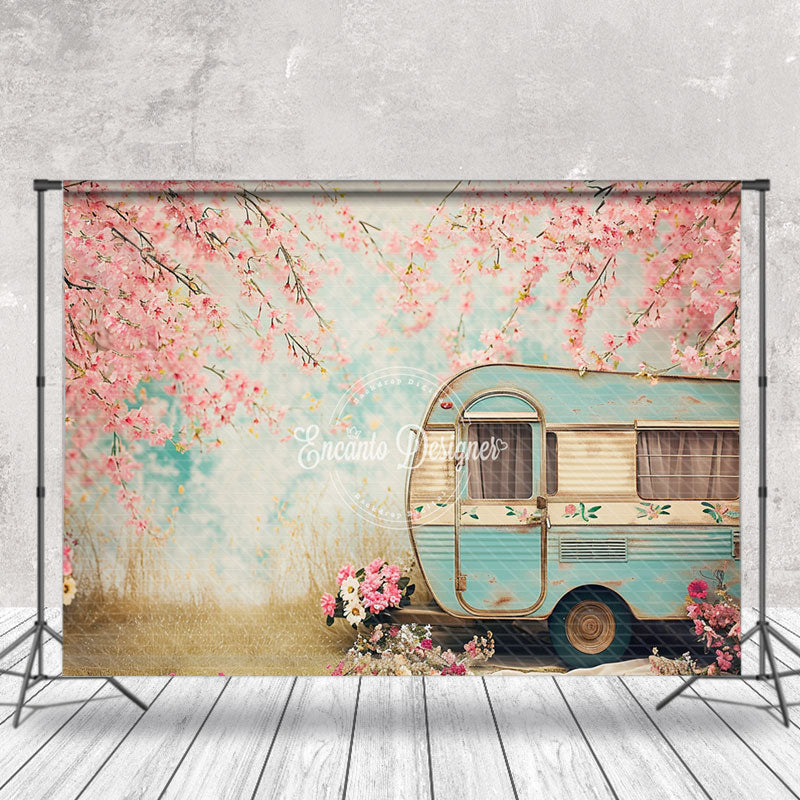 Lofaris Peach Tree Blossom Retro RV Bokeh Spring Backdrop