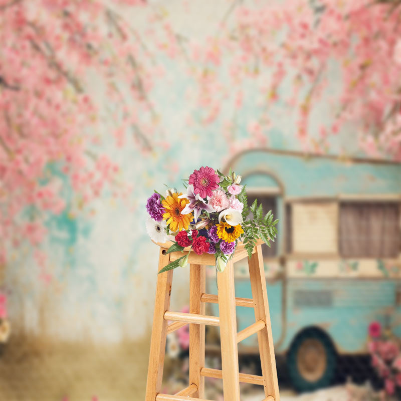 Lofaris Peach Tree Blossom Retro RV Bokeh Spring Backdrop
