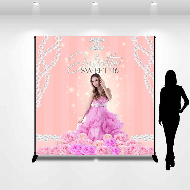 Lofaris Pearls Floral Pink Sweet Custom 16th Birthday Backdrop