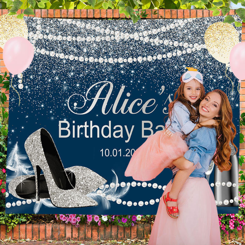 Lofaris Pearls High Heel Glitter Blue Custom Birthday Backdrop