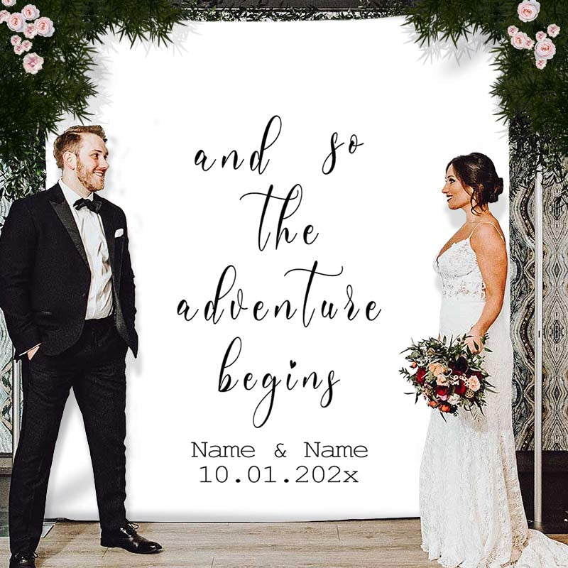 Lofaris Personalized And So the Dventure Begins Wedding Backdrop