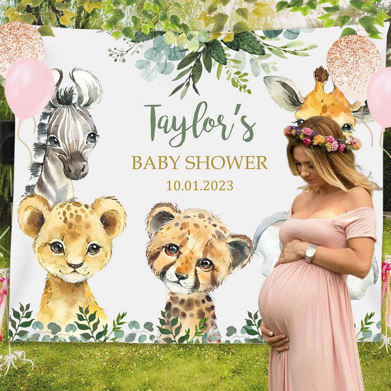 Lofaris Personalized Animal And Leaves Baby Shower Backdrop Banner