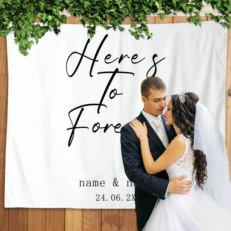 Lofaris Personalized Black Heres To Forever White Wedding Backdrop