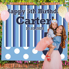 Lofaris Personalized Blue And White Stripe Birthday Backdrop