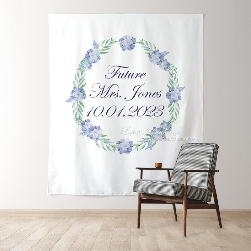 Lofaris Personalized Blue Floral Wreath Bridal Shower Backdrop Banner