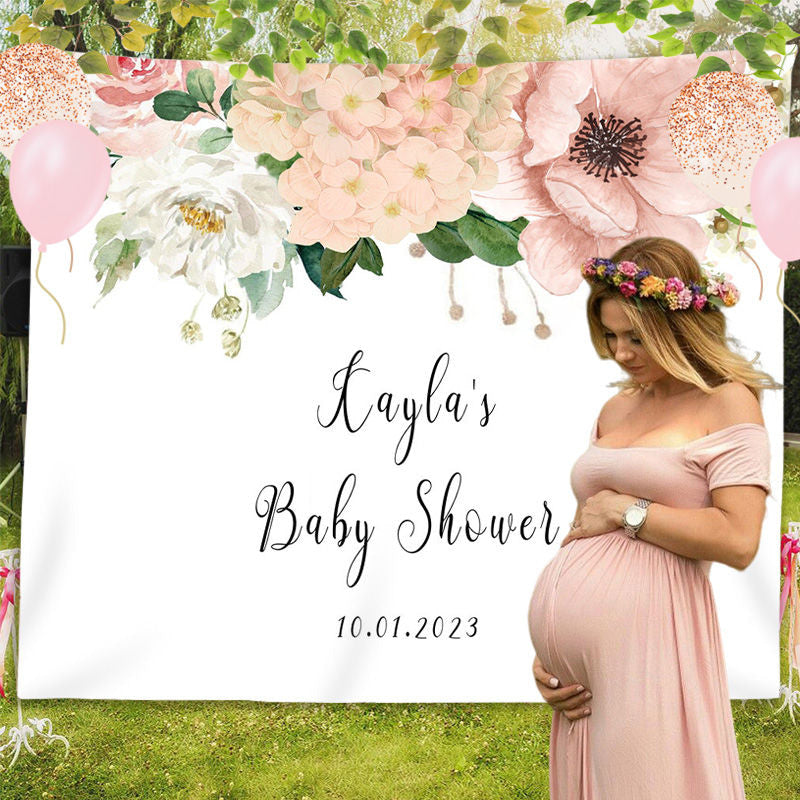 Lofaris Personalized Blush Floral Baby Shower Backdrop Banner
