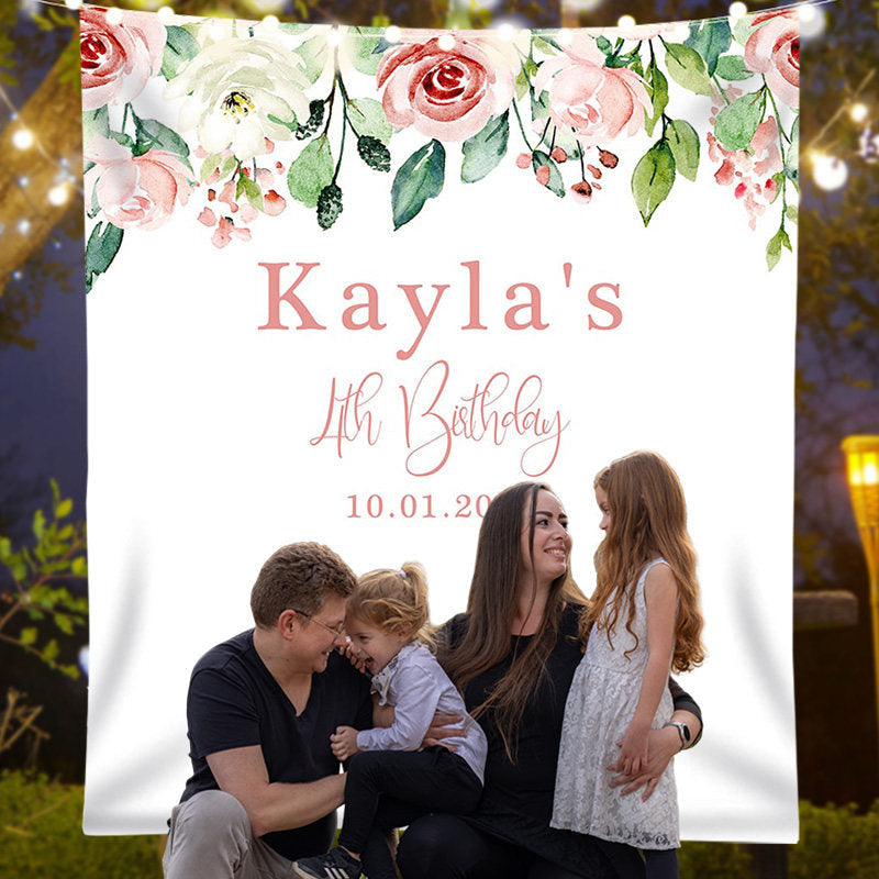 Lofaris Personalized Blush Floral Greenery Birthday Backdrop Banner