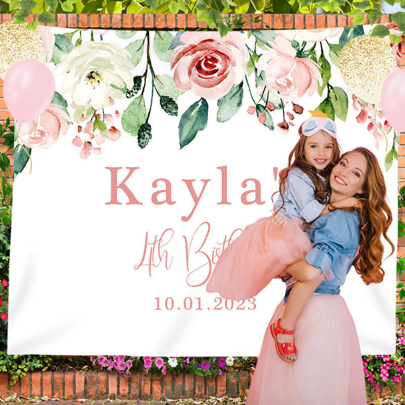 Lofaris Personalized Blush Floral Greenery Birthday Backdrop Banner