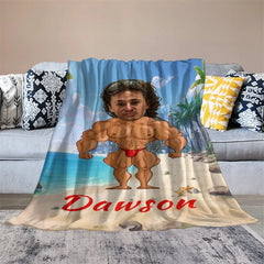 Lofaris Personalized Body Builder Boy Coastal Beach Blanket