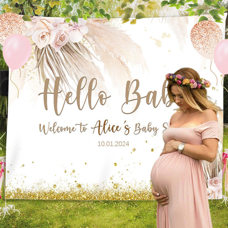 Lofaris Personalized Boho Floral Hello Baby Shower Backdrop
