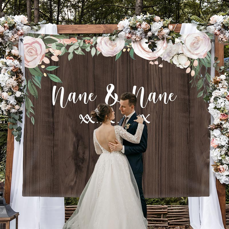 Lofaris Personalized Brown Wooden And Pink Floral Wedding Backdrop