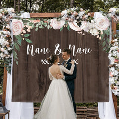 Lofaris Personalized Brown Wooden And Pink Floral Wedding Backdrop