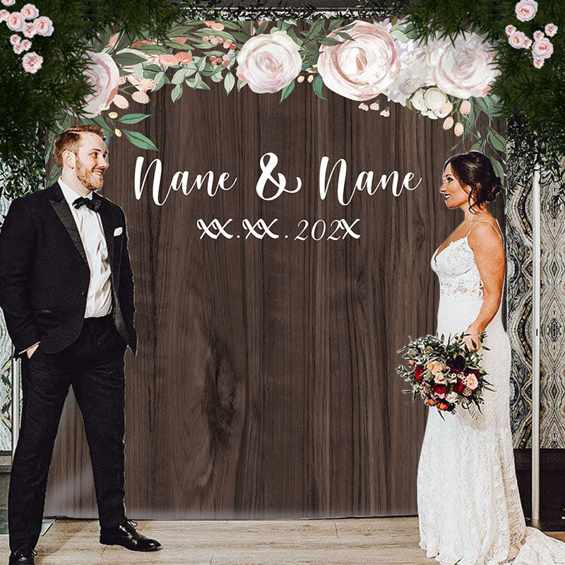 Lofaris Personalized Brown Wooden And Pink Floral Wedding Backdrop