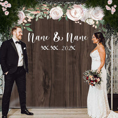 Lofaris Personalized Brown Wooden And Pink Floral Wedding Backdrop