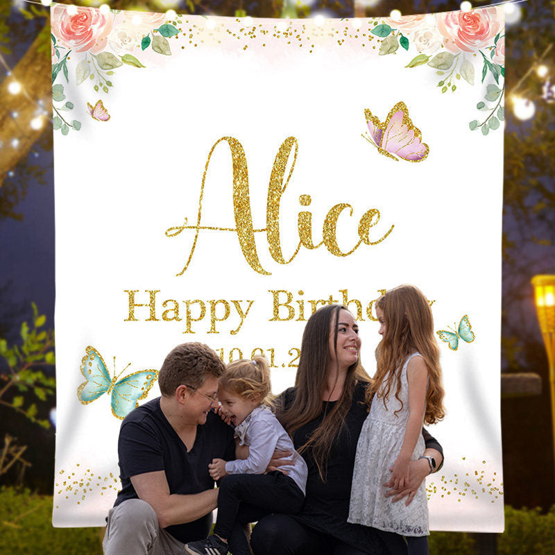 Lofaris Personalized Butterfly Floral Gold Glitter Party Backdrop