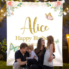Lofaris Personalized Butterfly Floral Gold Glitter Party Backdrop