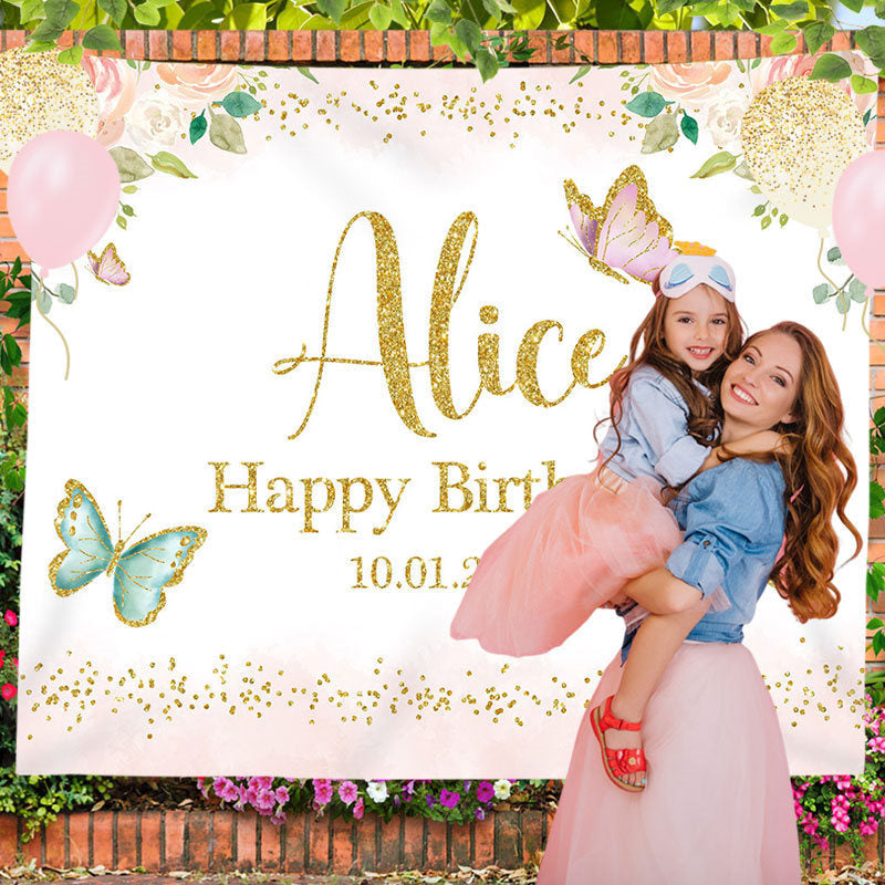 Lofaris Personalized Butterfly Floral Gold Glitter Party Backdrop