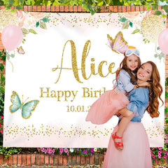 Lofaris Personalized Butterfly Floral Gold Glitter Party Backdrop