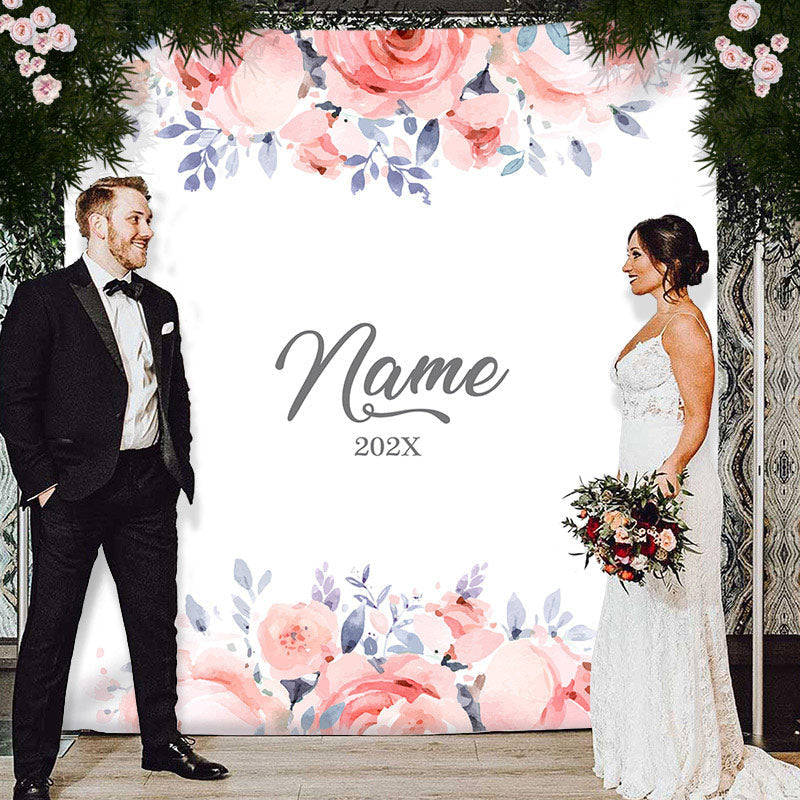 Lofaris Personalized Couples Name Pink Flower Wedding Backdrop