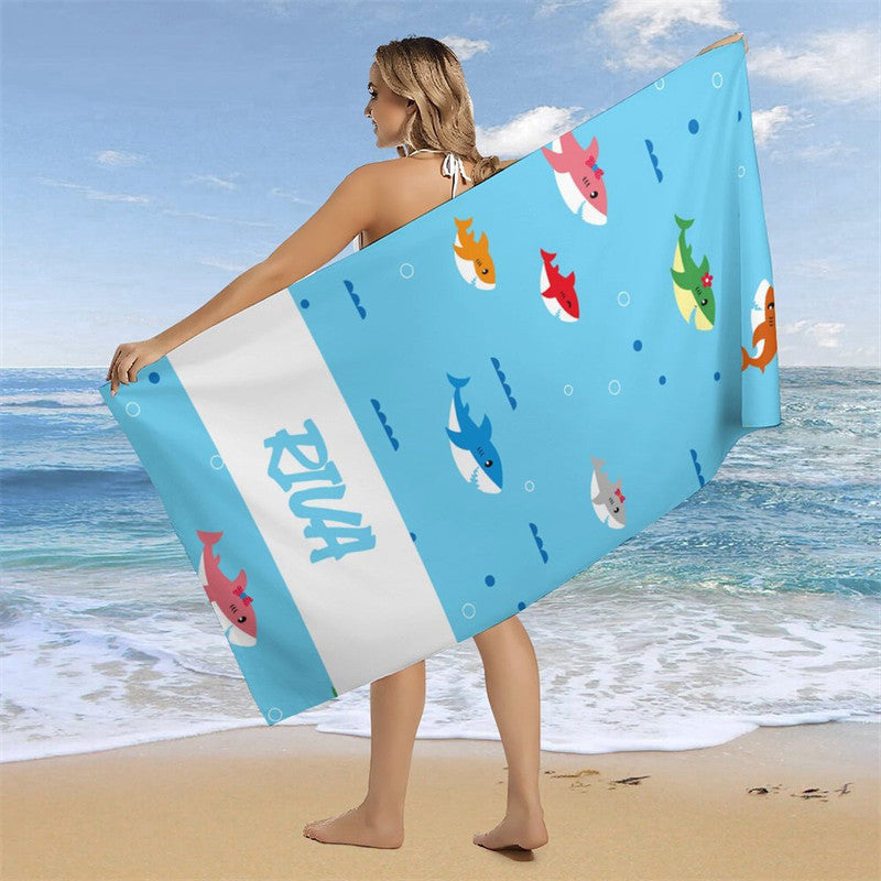 Lofaris Personalized Cute Undersea Sharks Name Beach Towel
