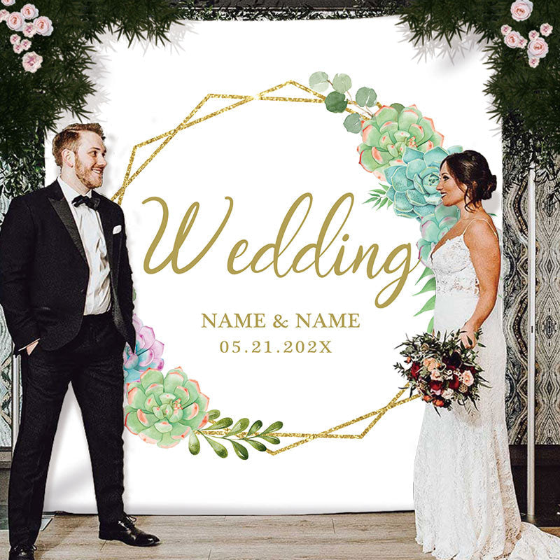Lofaris Personalized Cyan Floral Gold Circle Wedding Backdrop