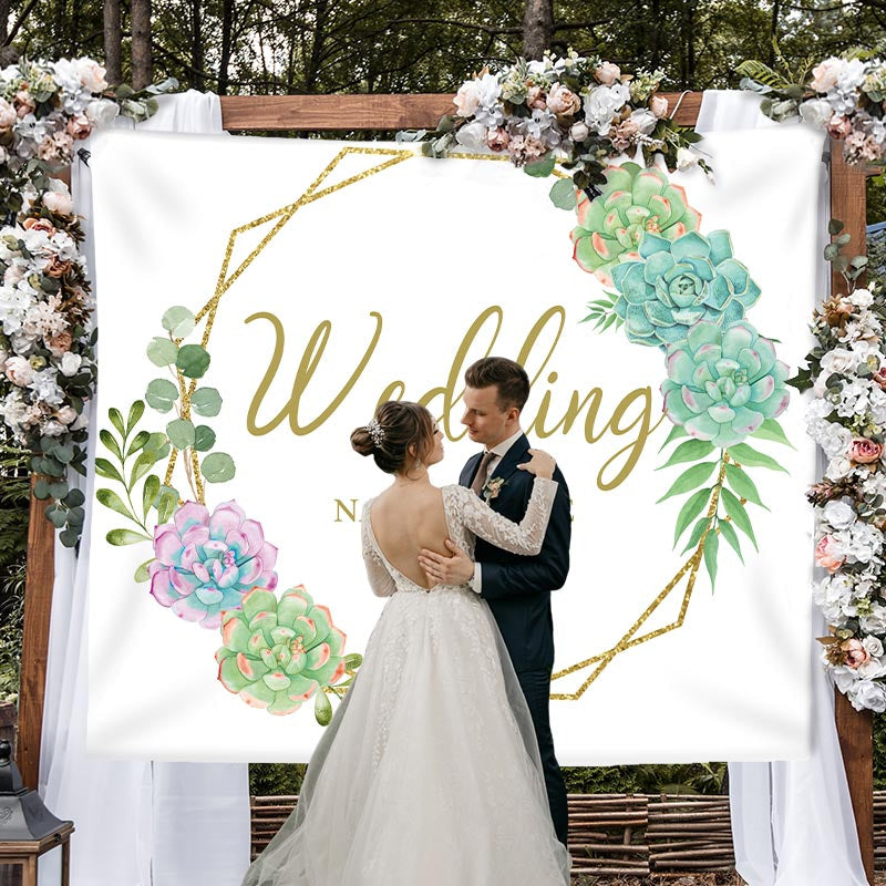 Lofaris Personalized Cyan Floral Gold Circle Wedding Backdrop