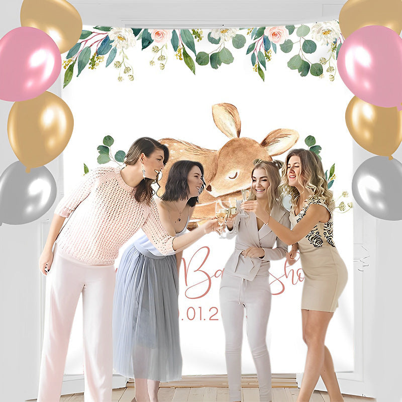 Lofaris Personalized Deer And Flower Baby Shower Backdrop Banner
