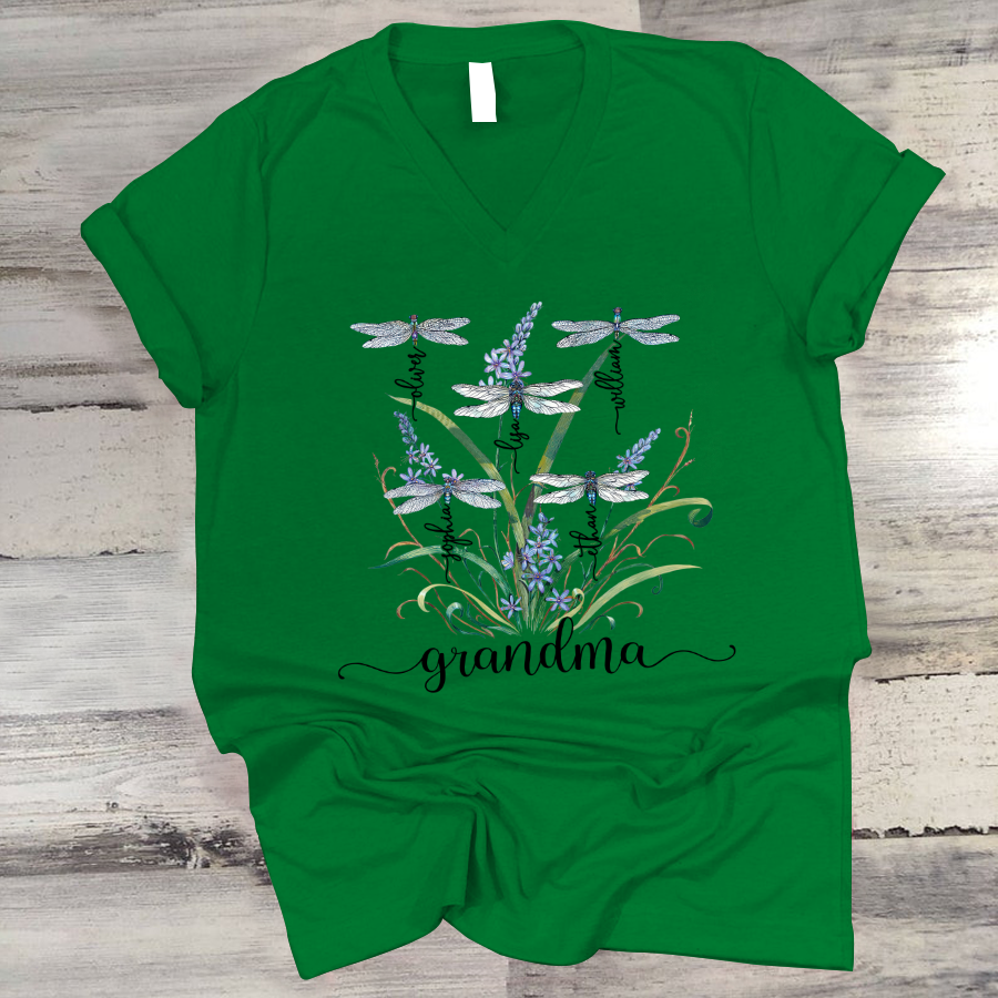 Lofaris Personalized Dragonfly Flower Nana Kids V-Neck T-Shirt