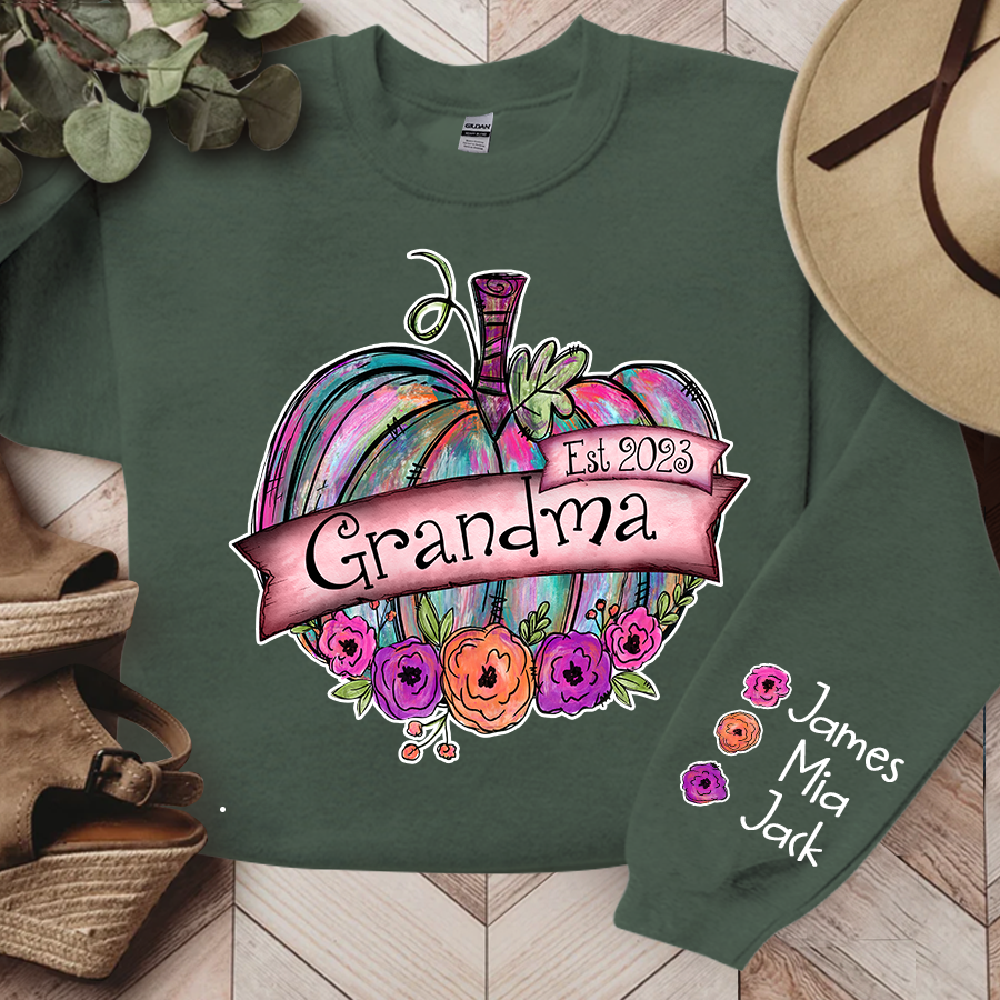 Lofaris Personalized Grandma Est Painted Pumpkin with florals And Grandkids CL01 Sweatshirt