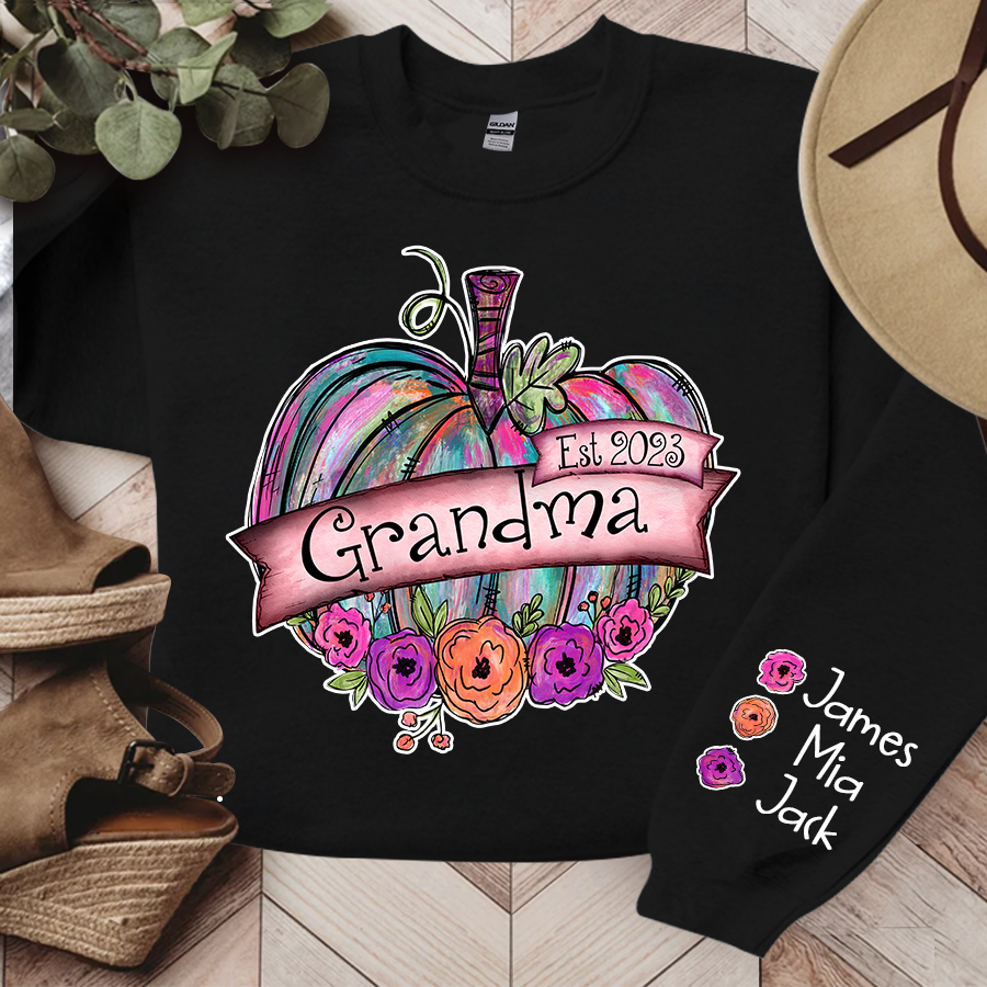 Lofaris Personalized Grandma Est Painted Pumpkin with florals And Grandkids CL01 Sweatshirt