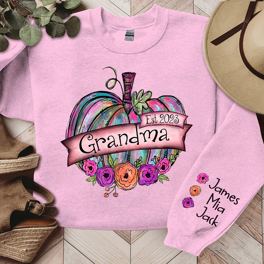 Lofaris Personalized Grandma Est Painted Pumpkin with florals And Grandkids CL01 Sweatshirt